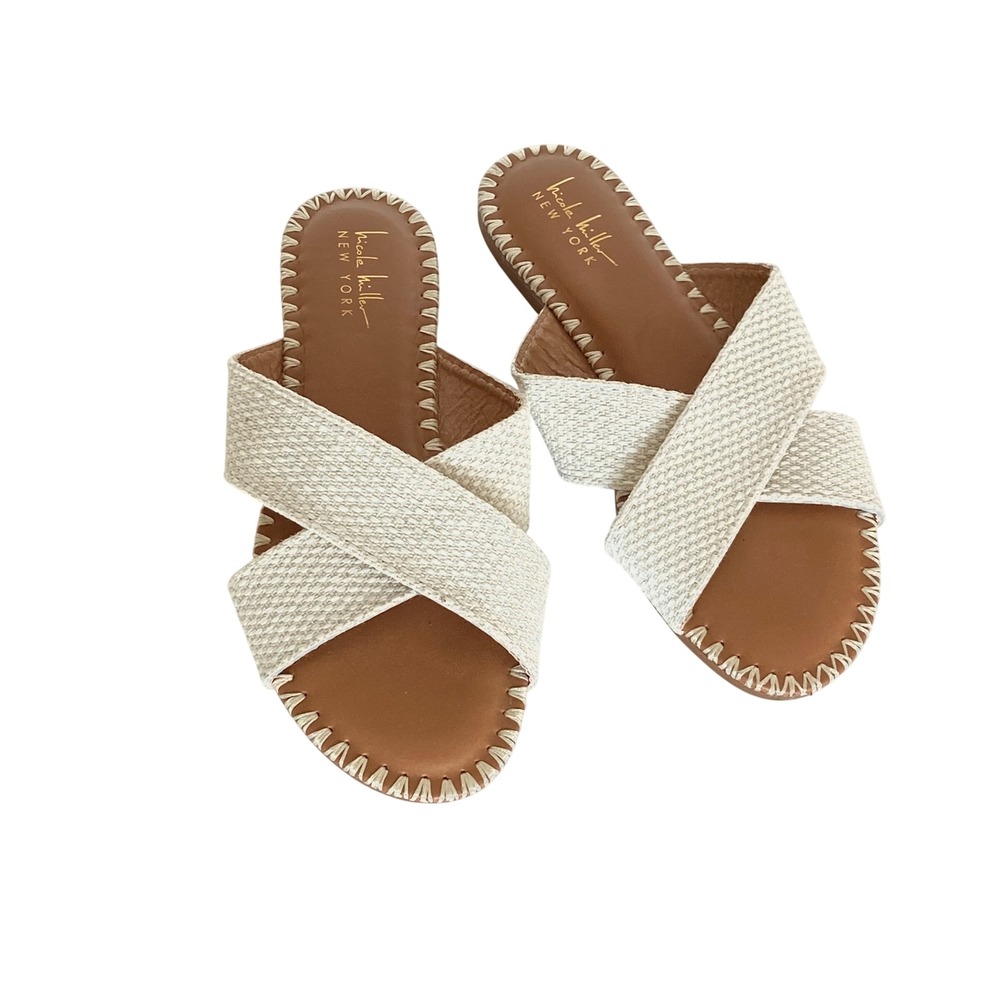 Nicole Miller New York Colie Cream Woven Crisscross Whipstitch Slide Sandals 7